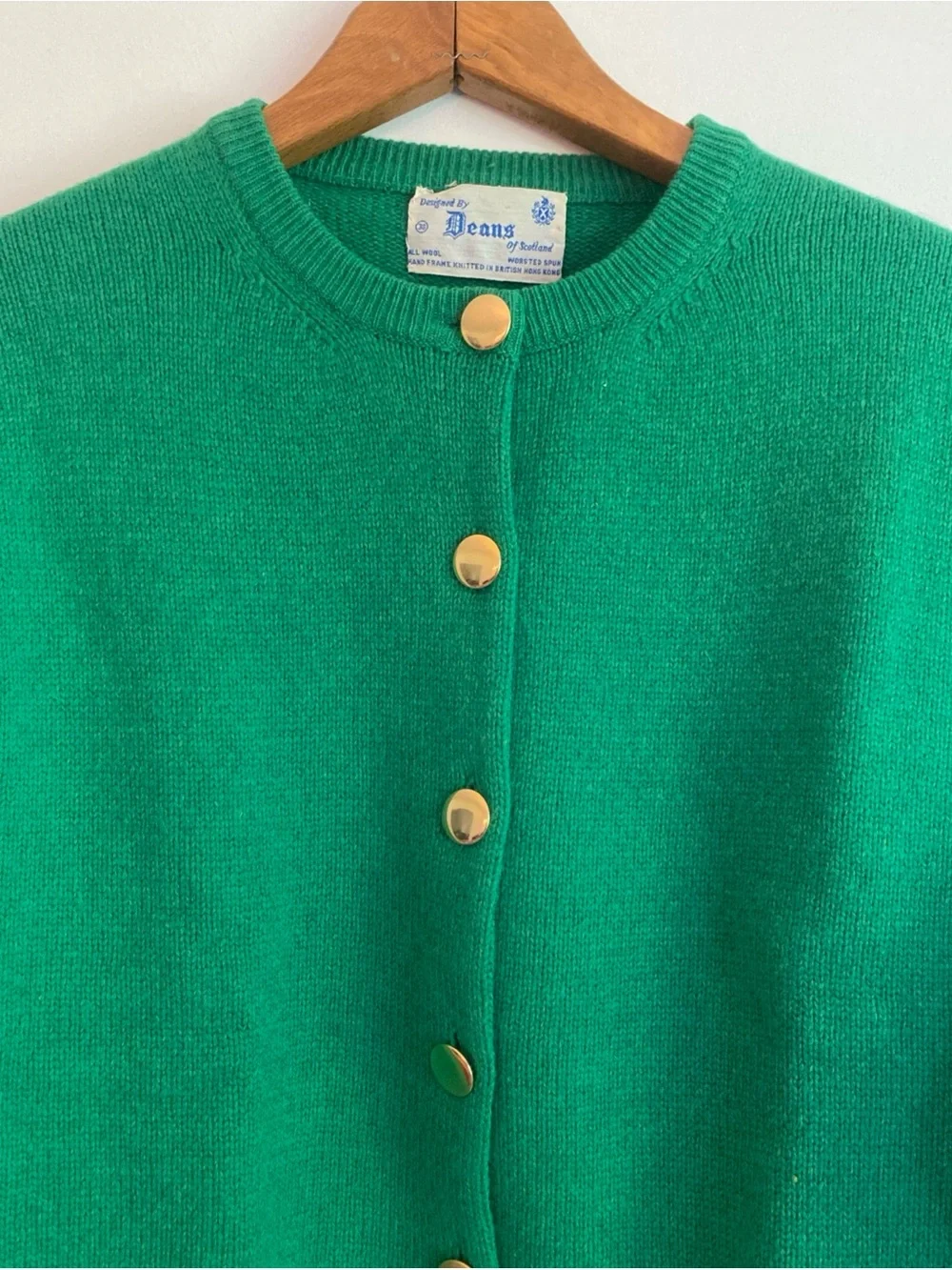 Emerald Green Gold Button-Front Cardigan with Patch Pockets Vintage Deans Wool - Picture 5 of 8